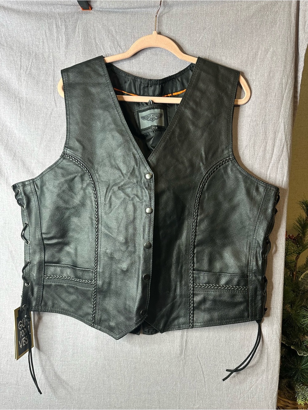 Black Leather Biker Vest with Side Lacing and gun pocket